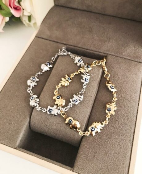 Elephant Evil Eye Bracelet, Gold Silver Chain Bracelet, Lucky Charm