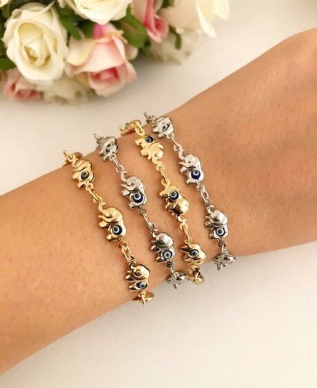 Elephant Evil Eye Bracelet, Gold Silver Chain Bracelet, Lucky Charm