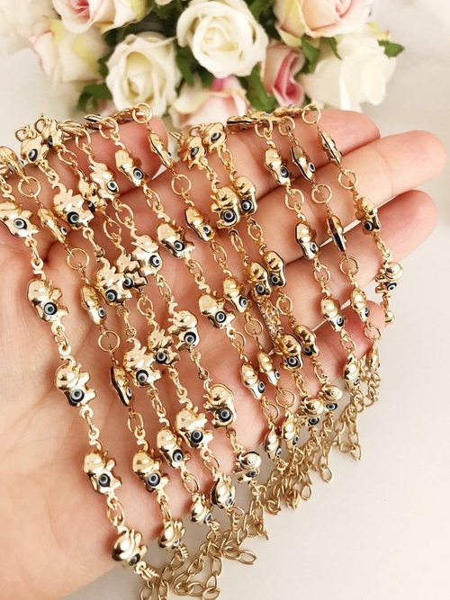 Elephant Evil Eye Bracelet, Gold Silver Chain Bracelet, Lucky Charm